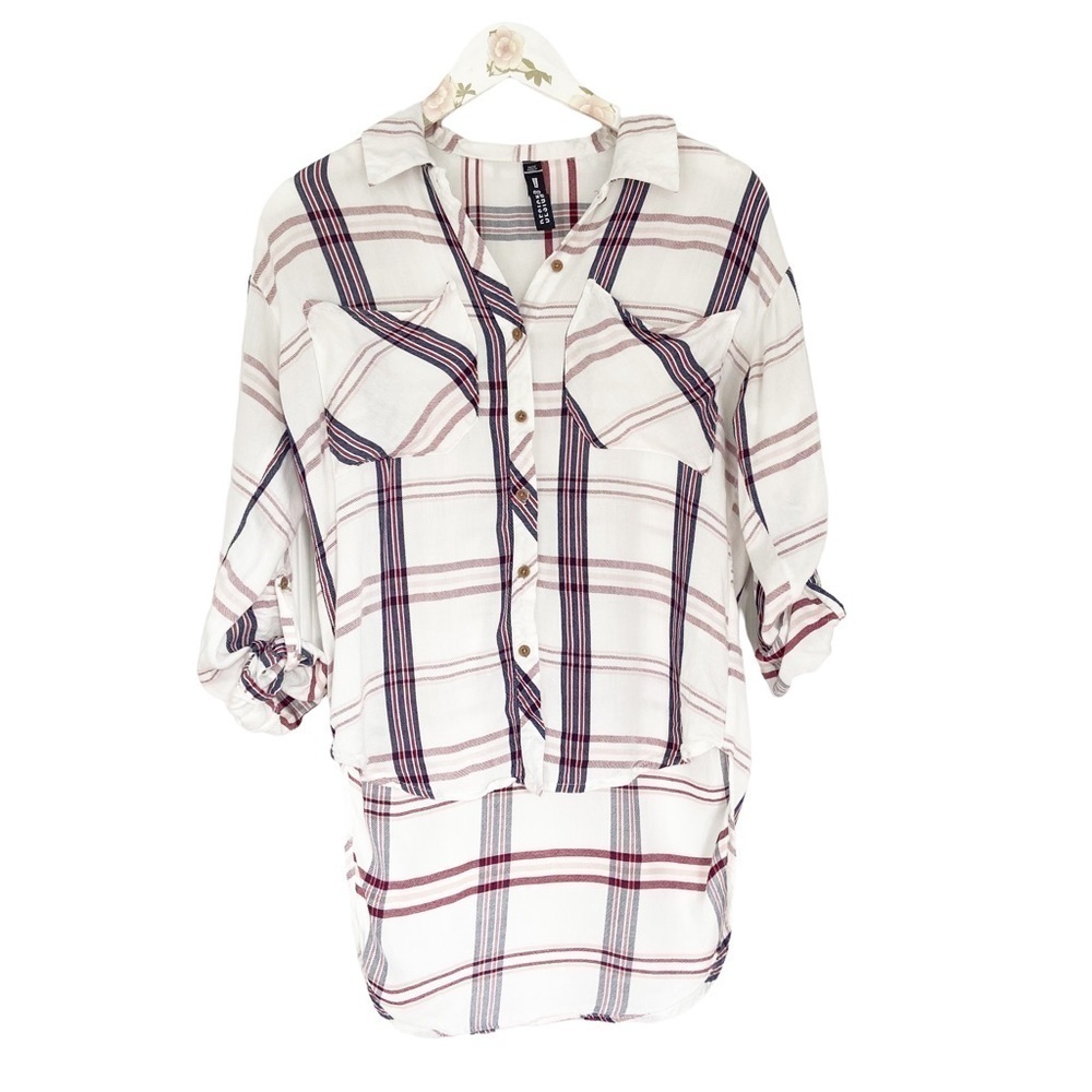 Design Lab Women’s Button Down Plaid Flannel Shirt high low white navy XS